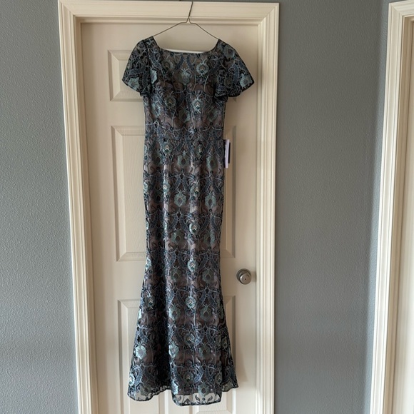 JS Collections brocade illusion over taupe satin gown. Lavender, aqua, teal. - Picture 1 of 13